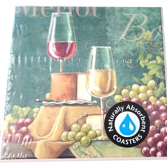 Naturally Absorbent Ceramic Set of 4 Coasters Wine Design Cork Backed 3 3/4" x 3 - Picture 2 of 4